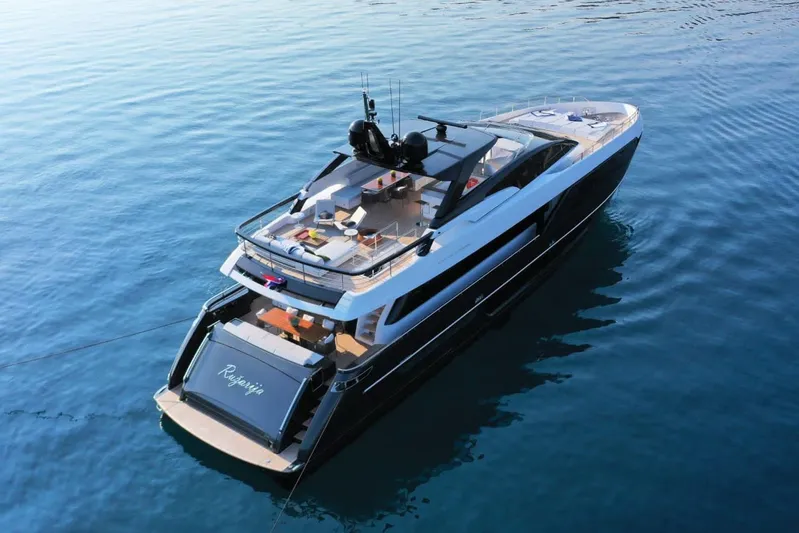 Ruzarija Yacht Photos Pics Luxurious 2020 Riva 100' Corsaro yacht on calm blue waters.