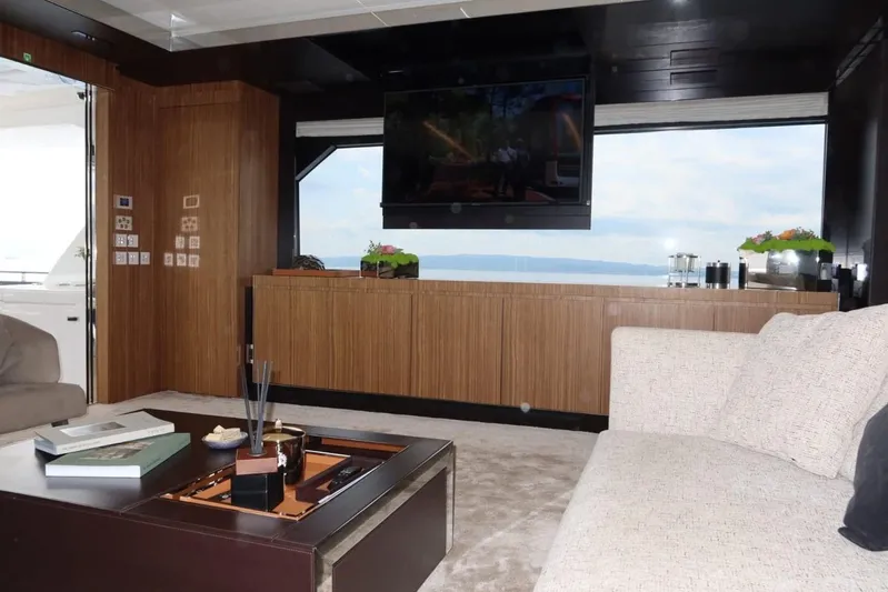 Ruzarija Yacht Photos Pics Luxurious interior of 2020 Riva 100' Corsaro yacht with modern decor and sea view.