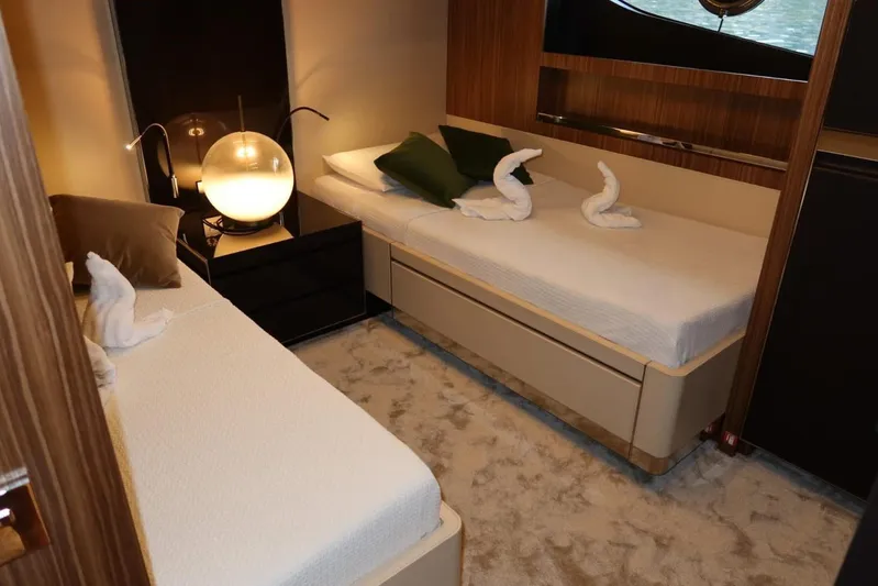 Ruzarija Yacht Photos Pics Luxurious twin bedroom on 2020 Riva 100' Corsaro yacht with elegant decor.
