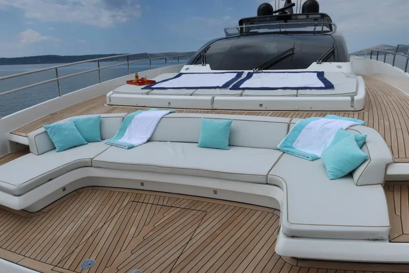 Ruzarija Yacht Photos Pics Luxurious 2020 Riva 100' Corsaro yacht deck with elegant seating and cushions.