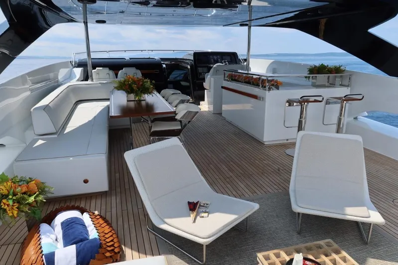 Ruzarija Yacht Photos Pics Luxurious 2020 Riva 100' Corsaro yacht deck with elegant seating and ocean view.