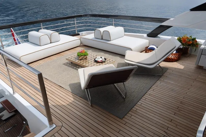 Ruzarija Yacht Photos Pics Luxurious deck of 2020 Riva 100' Corsaro yacht with elegant seating and ocean view.