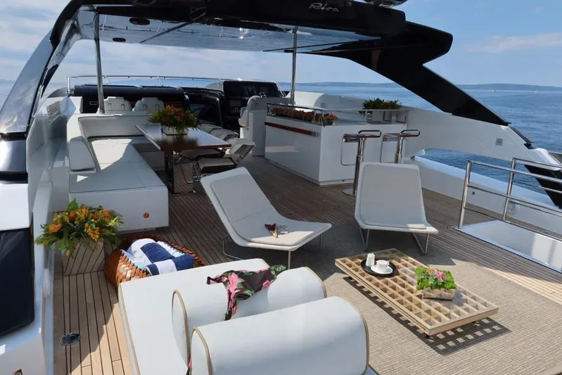 Ruzarija Yacht Photos Pics Luxurious 2020 Riva 100' Corsaro yacht deck with elegant seating and ocean view.