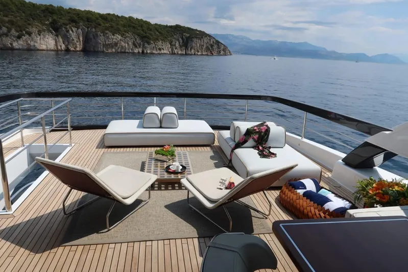 Ruzarija Yacht Photos Pics Luxurious deck of 2020 Riva 100' Corsaro yacht with elegant seating and scenic ocean view.