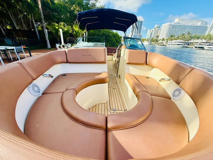  Yacht Photos Pics 2015 Chris-Craft Launch 32 boat with luxurious tan seating and scenic waterfront view.