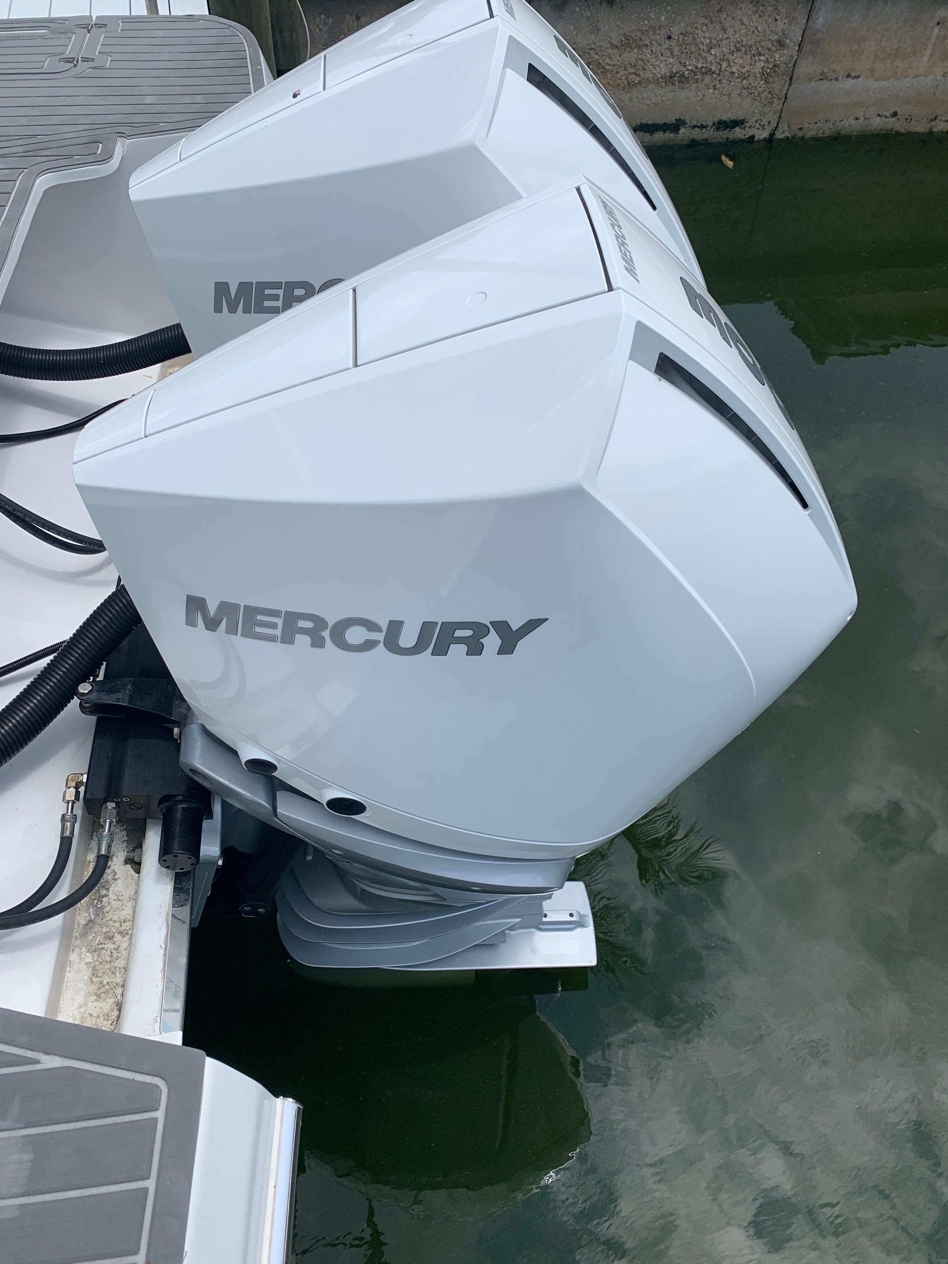 Twin Mercury outboard engines on a 2022 Evolve 360HT boat.