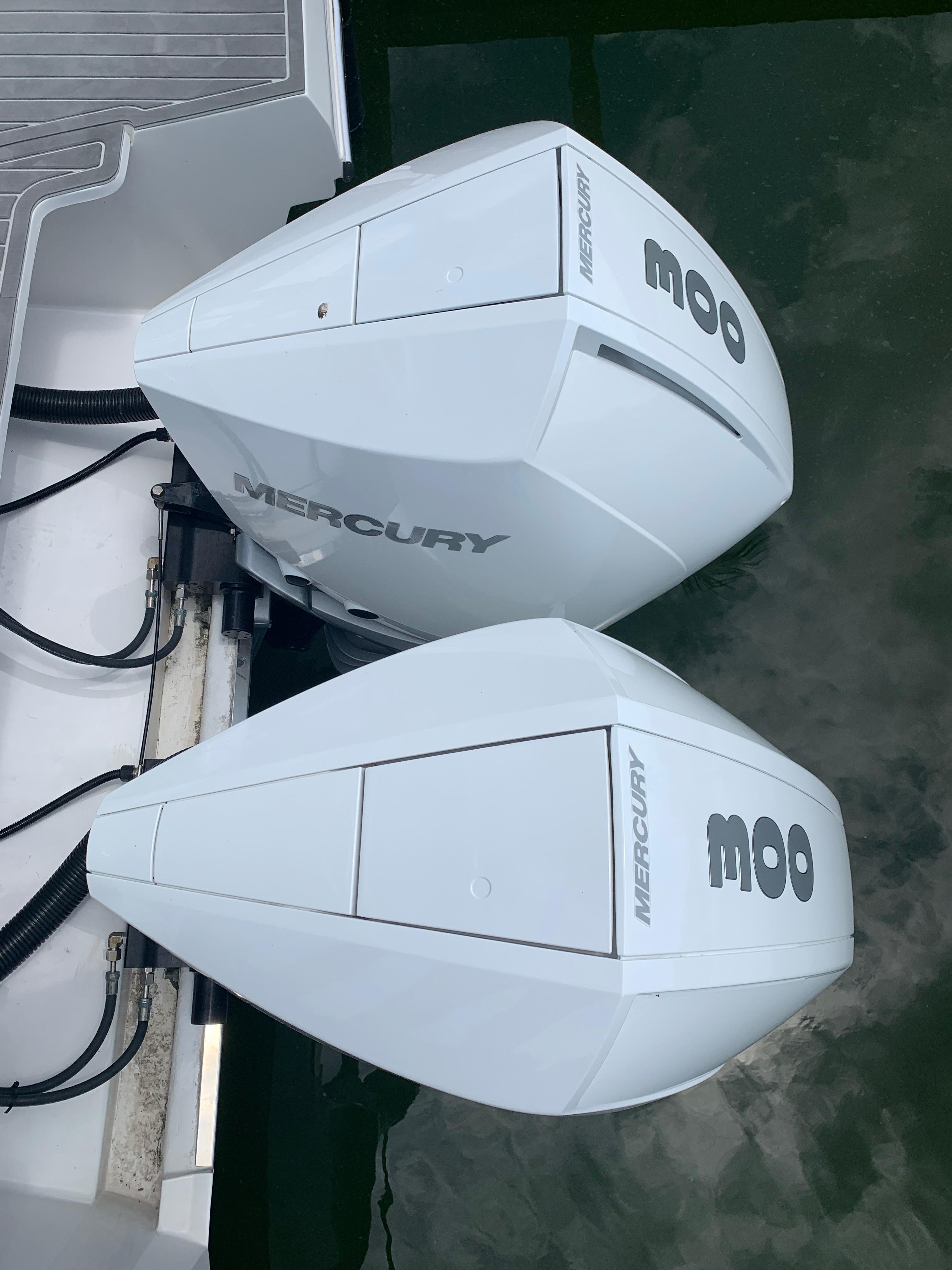 Twin Mercury outboard engines on a 2022 Evolve 360HT boat.