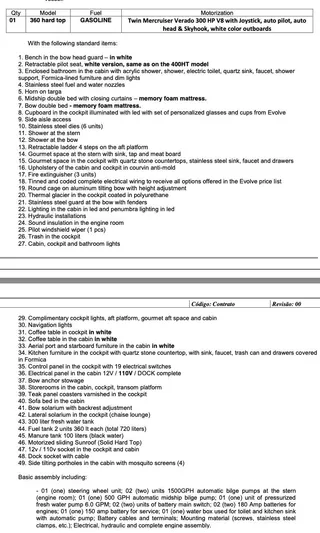  Yacht Photos Pics Evolve 360HT 2022 features list with specifications and amenities for luxury boating experience.