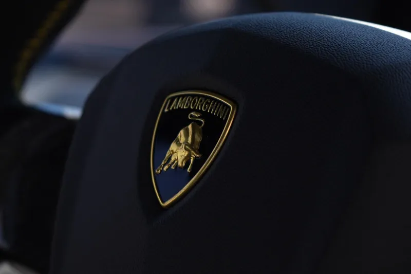  Yacht Photos Pics Close-up of Lamborghini logo on 2023 Tecnomar Lamborghini 63 yacht.