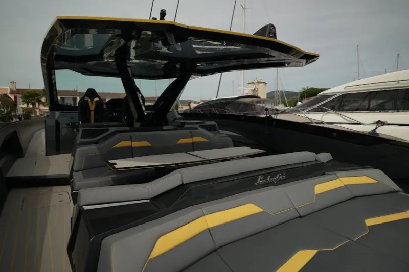  Yacht Photos Pics 2023 Tecnomar Lamborghini 63 yacht with sleek design and luxurious seating.