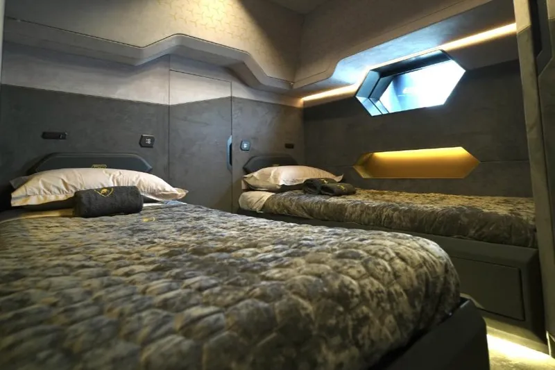  Yacht Photos Pics Luxurious 2023 Tecnomar Lamborghini 63 yacht cabin with modern design and ambient lighting.