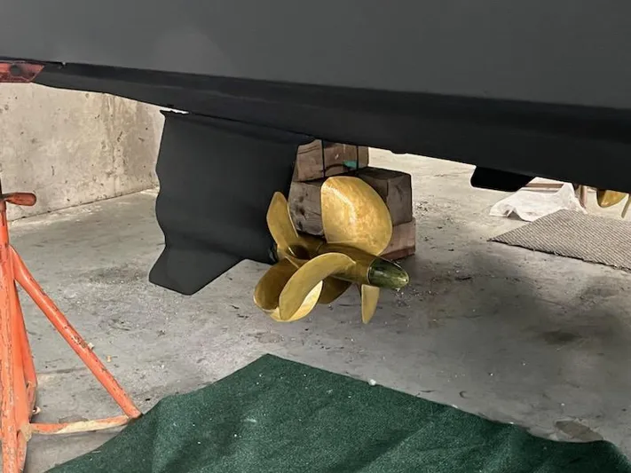 Kostas More Yacht Photos Pics Propeller of a 2009 Tiara Yachts 4300 Sovran in a shipyard.