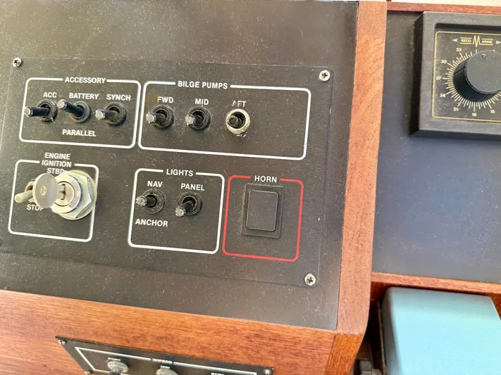 Journey's End Yacht Photos Pics Control panel of a 1989 Californian 48MY boat with switches.