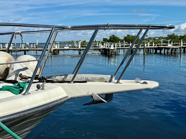 Journey's End Yacht Photos Pics Californian 48MY 1989 yacht bow with anchor in harbor.