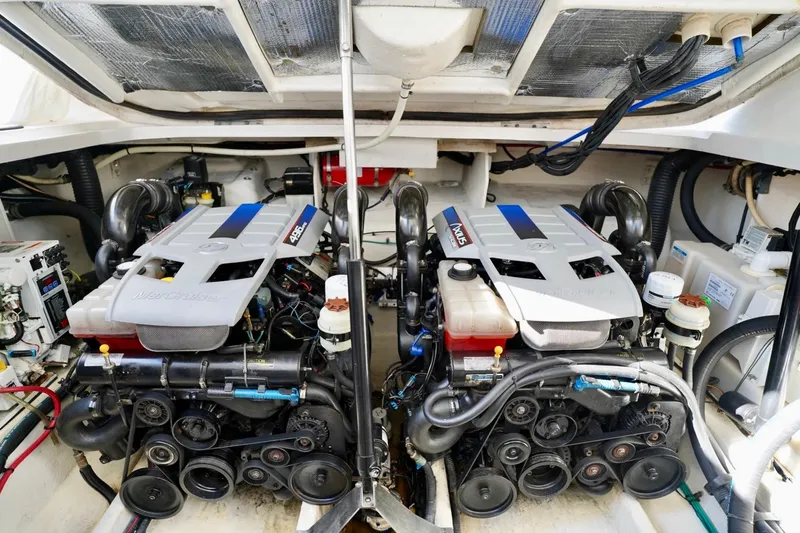  Yacht Photos Pics Engine room of 2010 Sea Ray 370 Sundancer with twin MerCruiser engines.