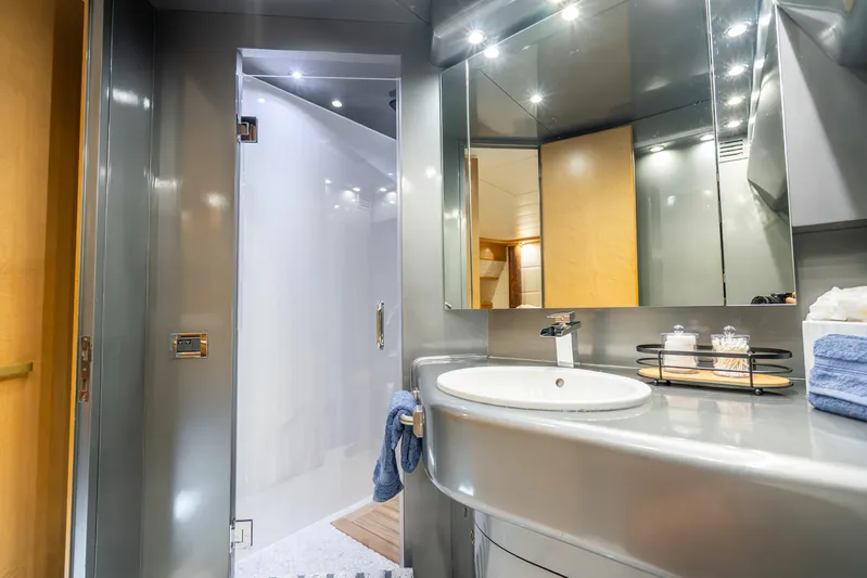 Azure Yacht Photos Pics Luxurious 1991 Maiora Planning yacht bathroom with modern fixtures and elegant design.