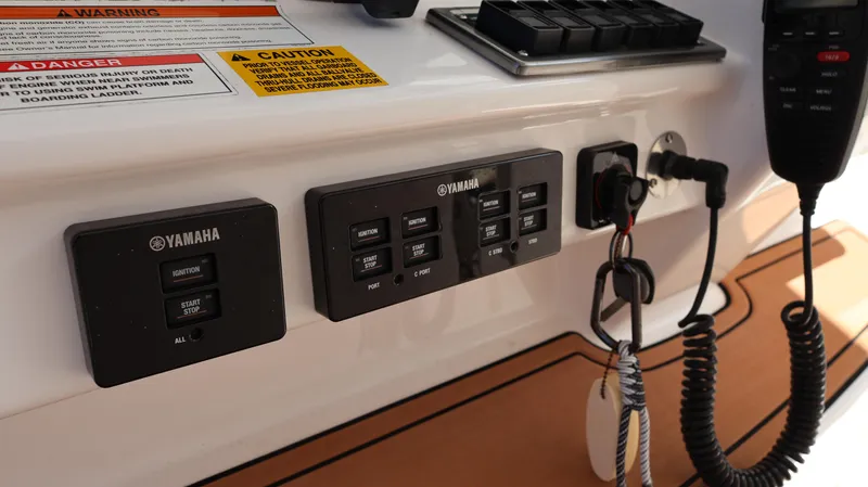  Yacht Photos Pics Control panel of a 2019 Everglades 435 Center Console boat with Yamaha switches.