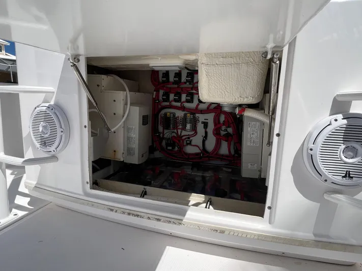  Yacht Photos Pics Electrical compartment of 2019 Everglades 435 Center Console boat, featuring wiring and components.