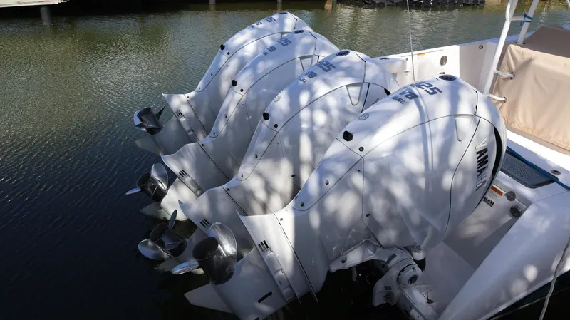  Yacht Photos Pics Four powerful outboard motors on a 2019 Everglades 435 Center Console boat.