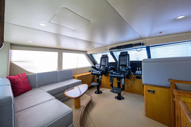  Yacht Photos Pics Interior of 2001 Viking 65 Enclosed Bridge yacht with seating and helm chairs.