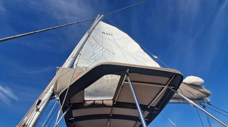  Yacht Photos Pics Sailing yacht Bali 4.6, 2022 model, with sails against a clear blue sky.