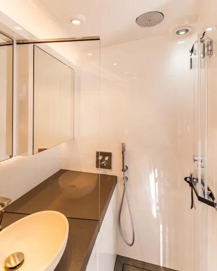 Greenwich Yacht Photos Pics Luxurious bathroom interior of 2022 Wajer 55 yacht with modern fixtures and elegant design.