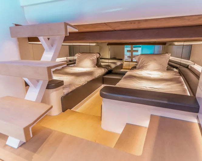 Greenwich Yacht Photos Pics Luxurious interior of 2022 Wajer 55 yacht with twin beds and modern design.