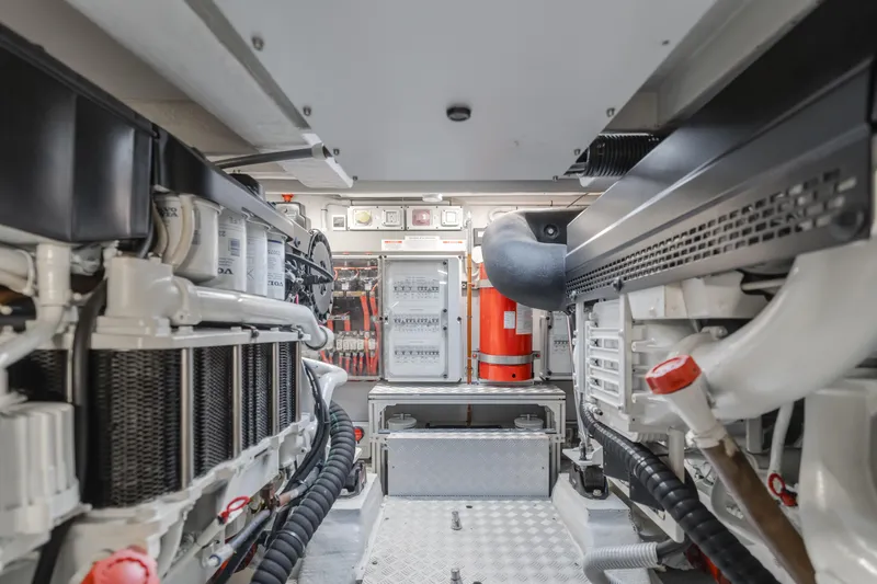 Mrs. Nicely Yacht Photos Pics Engine room of 2020 Riva Dolceriva yacht, showcasing mechanical components and systems.
