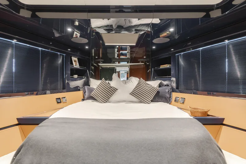 Mrs. Nicely Yacht Photos Pics Luxurious interior of 2020 Riva Dolceriva yacht with elegant bedding and modern design.