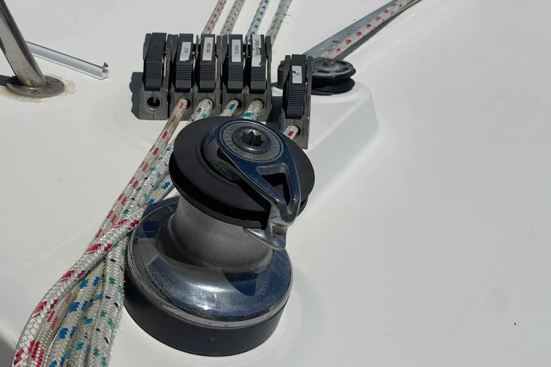 Acushla Yacht Photos Pics Winch and rope clutches on 2003 Lagoon 410-S2 catamaran deck.