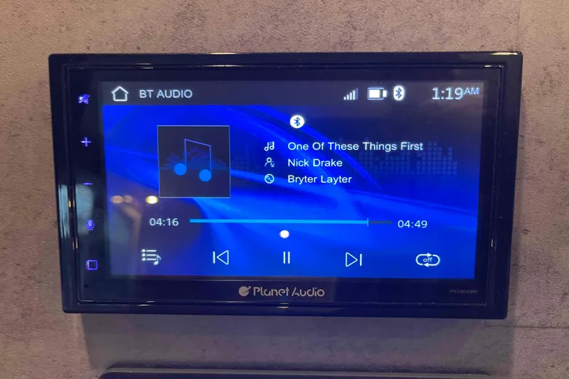 Acushla Yacht Photos Pics Touchscreen audio system displaying Nick Drake's "One Of These Things First" from "Bryter Layter."