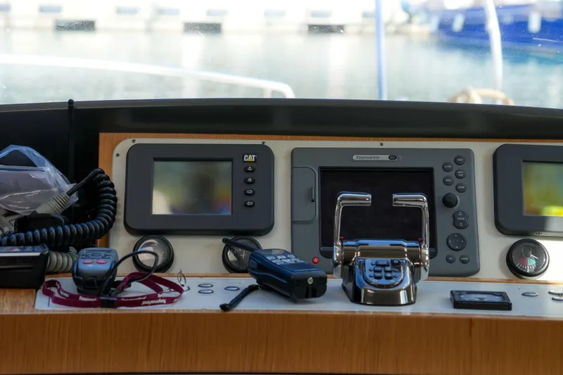 013 Yacht Photos Pics Control panel of a 2008 VG 62 boat with navigation equipment and communication devices.