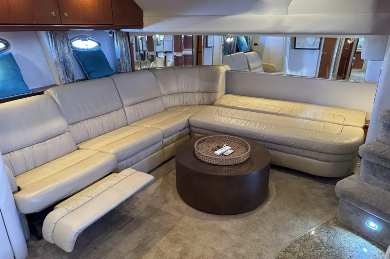  Yacht Photos Pics Luxurious interior of 2001 Sea Ray Sundancer 510 yacht with beige leather seating.