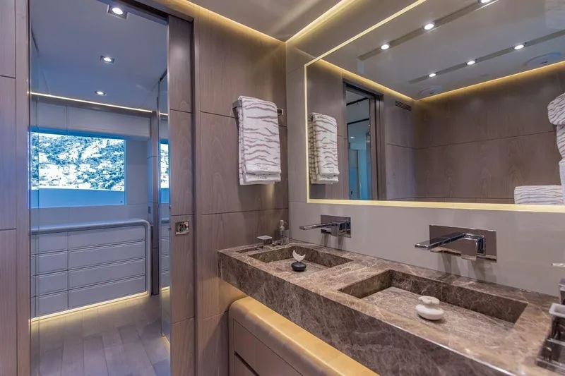 7 Seconds Yacht Photos Pics Luxurious Dreamline 26 yacht bathroom with marble sink, modern fixtures, and ambient lighting, 2015 model.