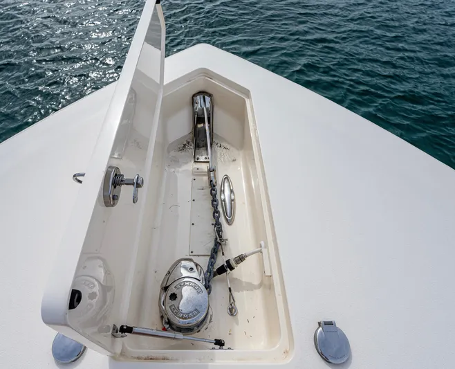  Yacht Photos Pics Anchor compartment of 2019 Scout 420 LXF boat on water.