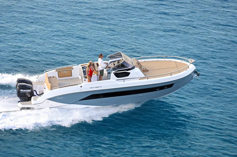  Yacht Photos Pics 2025 Ranieri NEXT 330 XL boat cruising on open water.