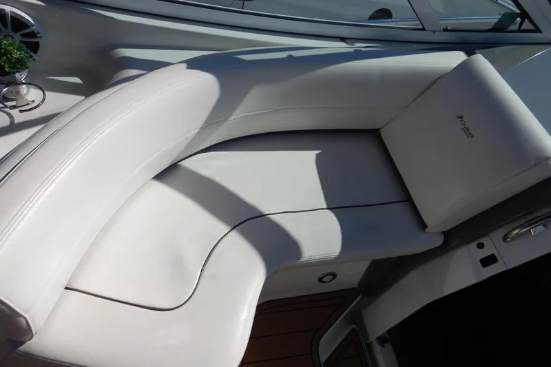 Sunny Daze Yacht Photos Pics Luxurious white seating on 2007 Cruisers 340 Express boat, featuring elegant design and comfort.
