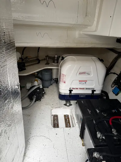 Plan C Yacht Photos Pics Engine room of 2024 Leopard 53 Powercat with generator and equipment.