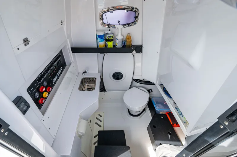 Aurora Yacht Photos Pics 2019 Blackfin 332 boat interior with toilet, sink, and control panel.