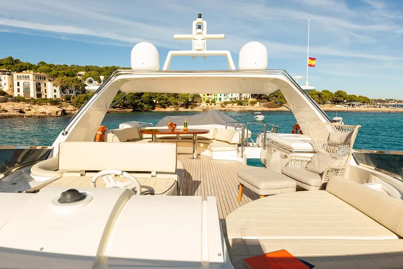 Exit Yacht Photos Pics Luxurious 2008 Azimut 75 yacht deck with elegant seating, ocean view, and sunny skies.