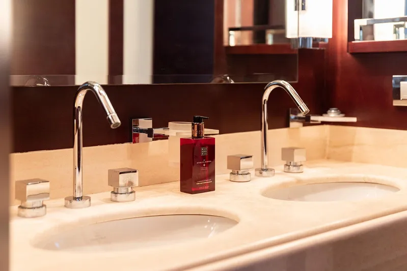 Exit Yacht Photos Pics Luxurious double sink vanity on 2008 Azimut 75 yacht bathroom.