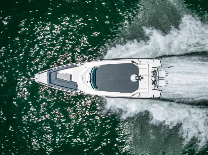  Yacht Photos Pics Overhead view of 2022 Axopar 28 T-Top Brabus speeding on water.