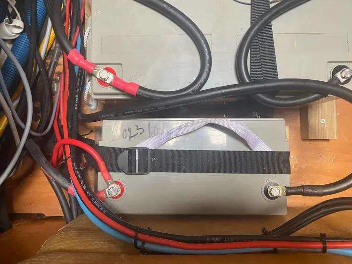 Plan B Yacht Photos Pics Battery compartment with cables in a 2002 Lagoon 380 catamaran.