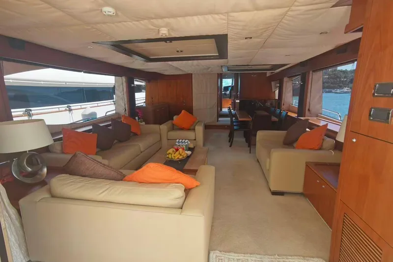  Yacht Photos Pics Luxurious interior of 2011 Sunseeker 88 Yacht with elegant seating and scenic views.