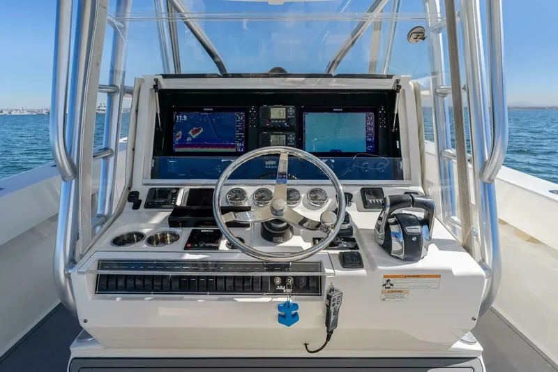Susan L Yacht Photos Pics 2018 SeaVee 370 Z boat helm with advanced navigation and control systems.