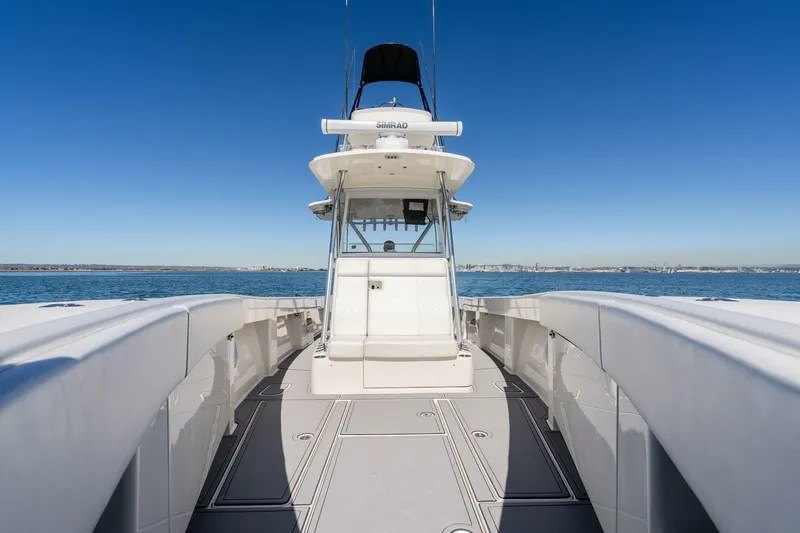 Susan L Yacht Photos Pics 2018 SeaVee 370 Z boat on open water, clear sky, spacious deck view.