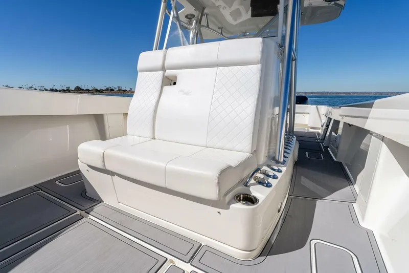 Susan L Yacht Photos Pics 2018 SeaVee 370 Z boat interior with white seating and ocean view.