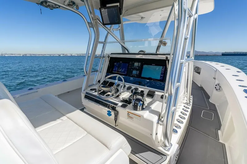 Susan L Yacht Photos Pics 2018 SeaVee 370 Z boat interior with modern navigation system and ocean view.