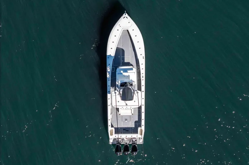 Susan L Yacht Photos Pics Aerial view of 2018 SeaVee 370 Z boat on open water.