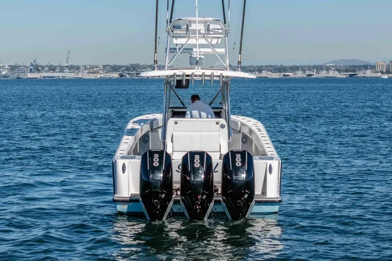 Susan L Yacht Photos Pics 2018 SeaVee 370 Z boat with triple outboard engines on open water.